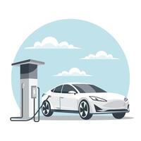 moderno eléctrico coche a un cargando estación. verde tecnología. ilustración, vector