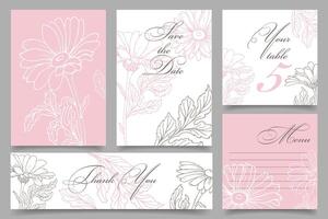 Rustic wedding invitation templates. Save the date. Thank you. Menu. your table. Calligraphy and hand drawn flowers line art. Vector