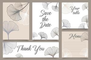 Rustic wedding invitation templates. Save the date. Thank you. Menu. your table. Calligraphy and hand drawn flowers line art. Vector