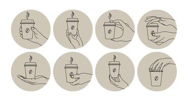 conjunto de iconos de café, gestos con las manos con un vaso de café. elementos de diseño, iconos, plantillas, vector