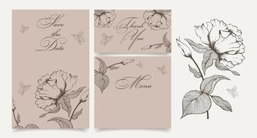 Rustic style wedding invitation template with outline flowers. Save the date. Menu. Thank you. Calligraphy, posters, vector