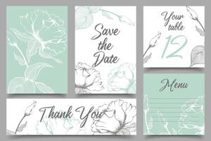 Rustic wedding invitation templates. Save the date. Thank you. Menu. your table. Calligraphy and hand drawn flowers line art. Vector