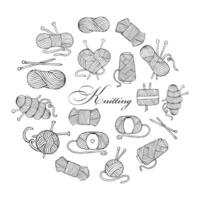 Knitting icons set, balls of yarn, skeins, knitting needles and hook. Sketch, design elements, vector