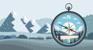 Illustration of a compass against a landscape background. Compass icon with landscape nature. Vector