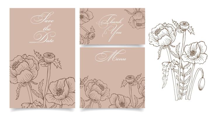 Rustic style wedding invitation template with outline flowers. Save the date. Menu. Thank you. Calligraphy, posters, vector