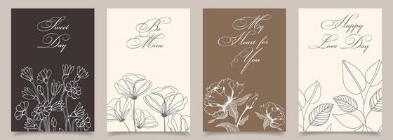 Set of postcards with line flowers and calligraphy. Anniversary, birthday, wedding, party, banner set. Templates, vector