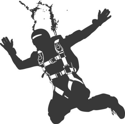 AI generated Silhouette skydiver woman in action full body black color only
