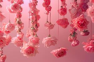 AI generated hanged floated flowers, pink theme photo