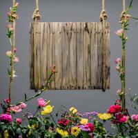 AI generated A handmade wooden sign hung by vine ropes and surrounded by colorful flowers photo