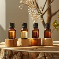 AI generated bottles of essential oils, mockup, on wooden table photo