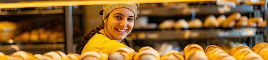 ai generado un panadero en un panadería, ella es horneando un pan con un sonrisa foto