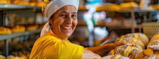 ai generado un panadero en un panadería, ella es horneando un pan con un sonrisa foto