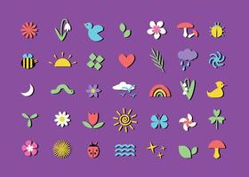 Collection of springtime themed elements in neobrutalism style vector