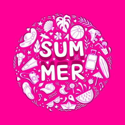 Summer composition made of doodle objects with shadow cutout effect