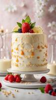 AI generated a white cake with frosting and berries on top photo