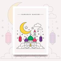 Ramadan Kareem line art poster illustration with symbols using a mosque cresent lantern vector