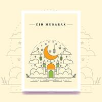 Modern Eid mubarak line art template vector illustration mosque cresent lantern greeting card background