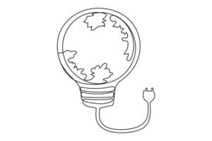 Continuous one line Earth globe inside lightbulb and earth hour outline vector art illustration. Vector Concept of Eco innovation