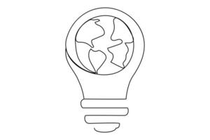 Continuous one line Earth globe inside lightbulb and earth hour outline vector art illustration. Vector Concept of Eco innovation