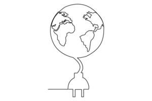 Continuous one line Earth globe inside lightbulb and earth hour outline vector art illustration. Vector Concept of Eco innovation