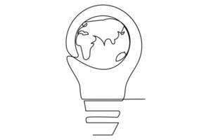 Continuous one line Earth globe inside lightbulb and earth hour outline vector art illustration. Vector Concept of Eco innovation