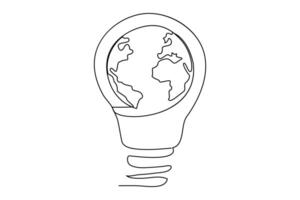 Continuous one line Earth globe inside lightbulb and earth hour outline vector art illustration. Vector Concept of Eco innovation