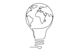 Continuous one line Earth globe inside lightbulb and earth hour outline vector art illustration. Vector Concept of Eco innovation