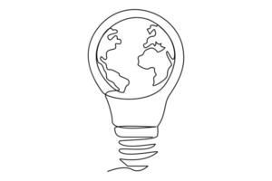 Continuous one line Earth globe inside lightbulb and earth hour outline vector art illustration. Vector Concept of Eco innovation