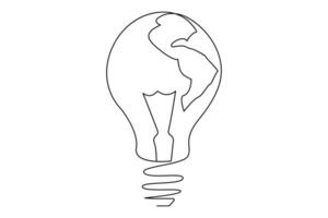 Continuous one line Earth globe inside lightbulb and earth hour outline vector art illustration. Vector Concept of Eco innovation