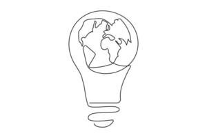 Continuous one line Earth globe inside lightbulb and earth hour outline vector art illustration. Vector Concept of Eco innovation