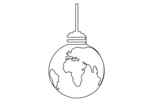 Continuous one line Earth globe inside lightbulb and earth hour outline vector art illustration. Vector Concept of Eco innovation