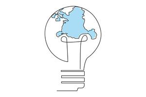 Continuous one line Earth globe inside lightbulb and earth hour outline vector art illustration. Vector Concept of Eco innovation