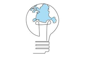 Continuous one line Earth globe inside lightbulb and earth hour outline vector art illustration. Vector Concept of Eco innovation