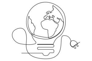 Continuous one line Earth globe inside lightbulb and earth hour outline vector art illustration. Vector Concept of Eco innovation