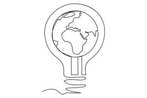 Continuous one line Earth globe inside lightbulb and earth hour outline vector art illustration. Vector Concept of Eco innovation