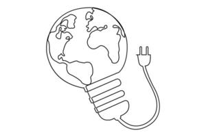 Continuous one line Earth globe inside lightbulb and earth hour outline vector art illustration. Vector Concept of Eco innovation