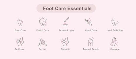 Foot hygiene icons, Healthy feet icons, Foot treatment icons, Podiatrist icons, Podiatry icons, Pedicure icons, Foot health icons. Vector editable Stroke icons.