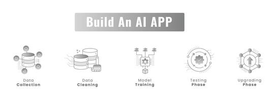 Optimize Your AI App Workflow. Efficient AI App Development Icons. Model Training, Data Collection, Data Cleaning, and Beyond. Editable Stroke and Colors. vector