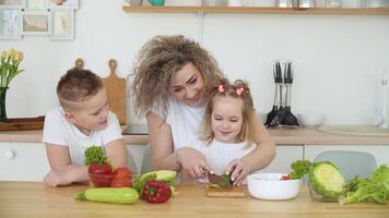 de kinderen samen met hun moeder bereiden een salade Bij de tafel in de keuken in de Scandinavisch ontwerp hygge. de familie is gekleed in de dezelfde eenvoudig kleren van wit en blauw kleuren video