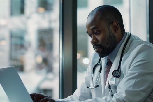 ai generado un hombre en un blanco laboratorio Saco se sienta a un mesa, enfocado en su ordenador portátil pantalla, conductible investigación o analizando datos. foto