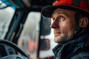 ai generado un hombre en un bomberos casco es conducción un fuego camión, Listo a responder a emergencia llamadas y salvar vive con valentía y dedicación. foto