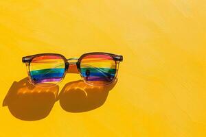 AI generated A pair of colorful rainbow glasses resting on a bright yellow background, creating a cheerful and playful aesthetic. photo