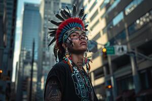 AI generated A man in a vibrant headdress stands confidently in the middle of a bustling street, capturing the attention of passersby with his powerful presence. photo