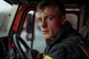 ai generado un hombre en un bomberos uniforme con confianza unidades un fuego camión, Listo a responder a emergencias y salvar vidas. foto