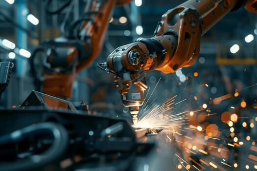 AI generated A robotic arm masterfully welds car components, sparks flying in a dance of creation. photo