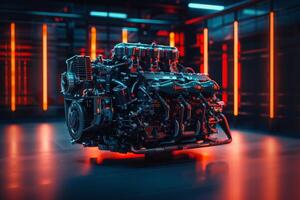 AI generated A large cutting-edge automotive engine is proudly displayed on top of a table, commanding attention with its impressive size and intricate design. photo