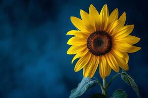 AI generated A vibrant yellow sunflower stands out against a dark blue background, radiating warmth and brightness. photo