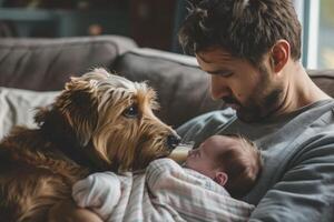 AI generated A father sitting on a couch feeding milk to a newborn baby while a dog lovingly looks on. photo