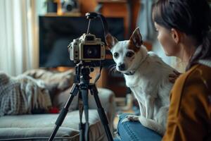 AI generated A woman relaxes on a couch next to her loyal dog, sharing a quiet moment together in a cozy living room setting. photo