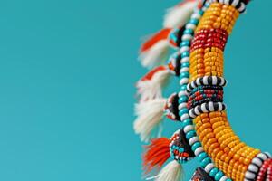 AI generated Up close view of a colorful beaded necklace, showcasing intricate patterns and vibrant hues in a stunning display of craftsmanship. photo